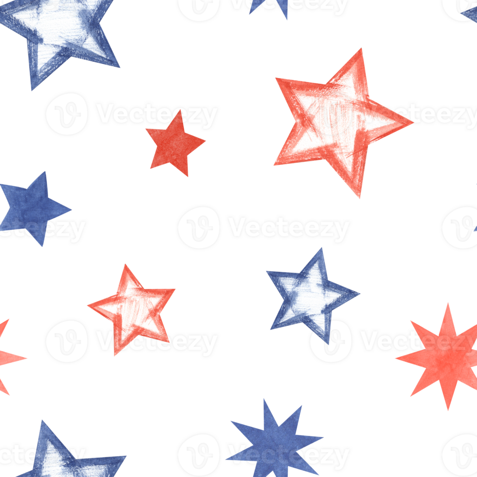 Red, blue stars in various shapes. Seamless pattern of stars in American flag colors. Celebration kid ornate. Watercolor illustration isolated on white. For party textile, wrapping, decor png
