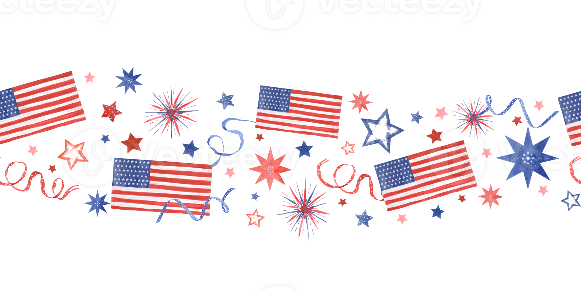 Americans and stars. Celebration ribbons, fireworks. Seamless horizontal border of national patriotic symbols. American Independence Day, Columbus Day. USA flag colors. Watercolor illustration png