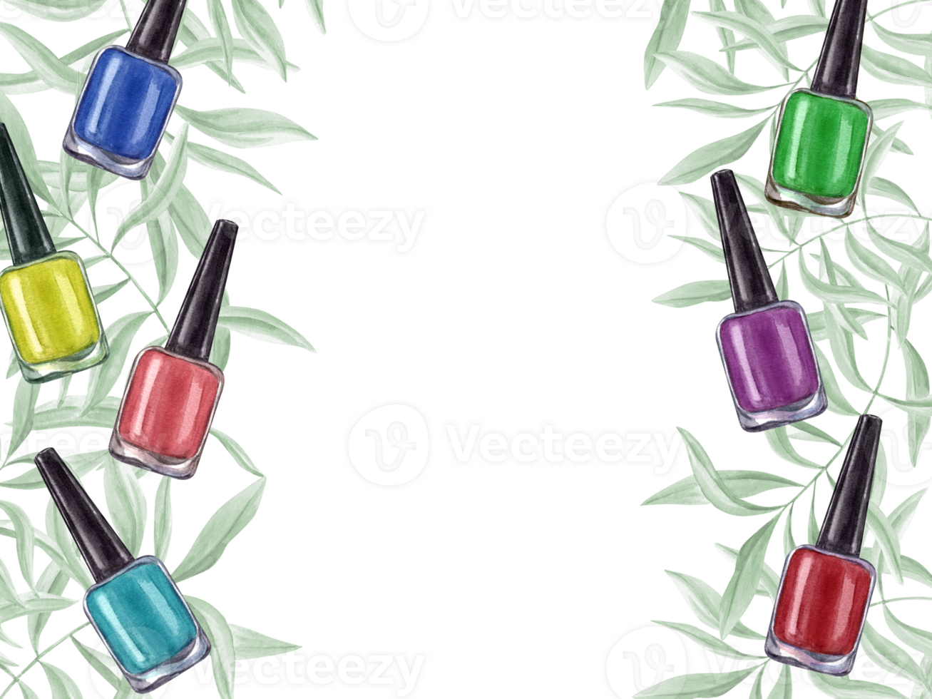 Nail polish bottles in contrasting bright colors. Multicolored manicure accessories against background of leaves. Frame with copy space for text. Watercolor illustration. png
