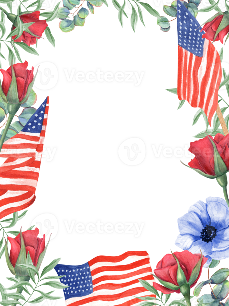 Roses and anemones with American flags. Red, blue flowers with green leaves. Floral vertical frame with empty space for text. Memorial day, Independence day, Remembrance Day. Watercolor illustration png