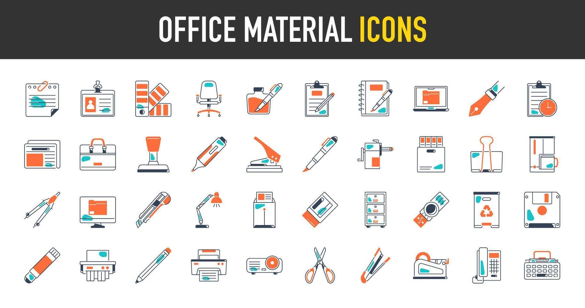 oficina material iconos tal como pegamento, computadora portátil, material, bolígrafo, tijeras, engrapadora, gobernante, borrador. oficina herramientas y equipo icono conjunto para educación. papelería tienda accesorios vector