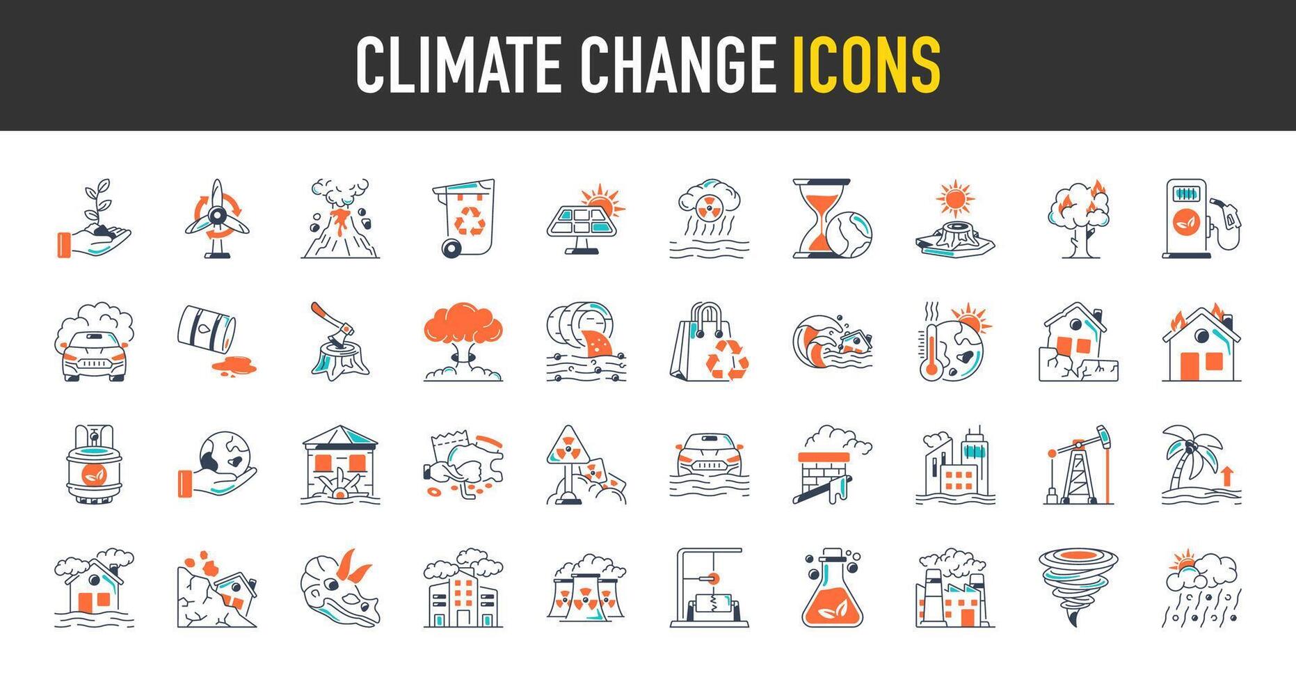 Climate change icon set. Such as global warming, greenhouse, melting ice, oil, explosion, tsunami, fuels, world, recycle, bag, planting, flood, pollution, water earth pollution, disaster icons vector