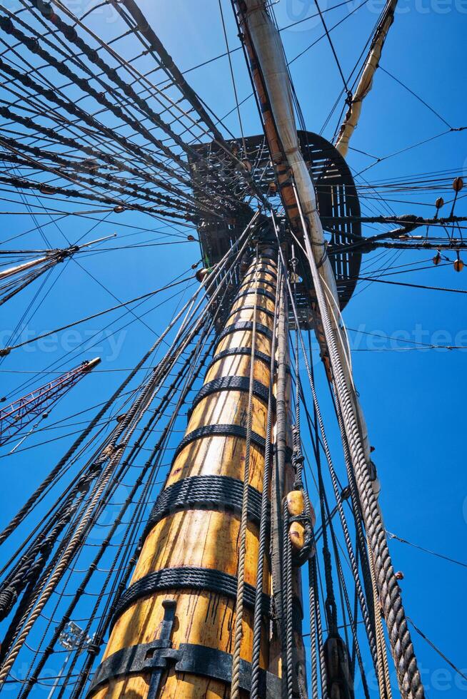 Masts of old wooden sailing ship with ropes and shroud photo