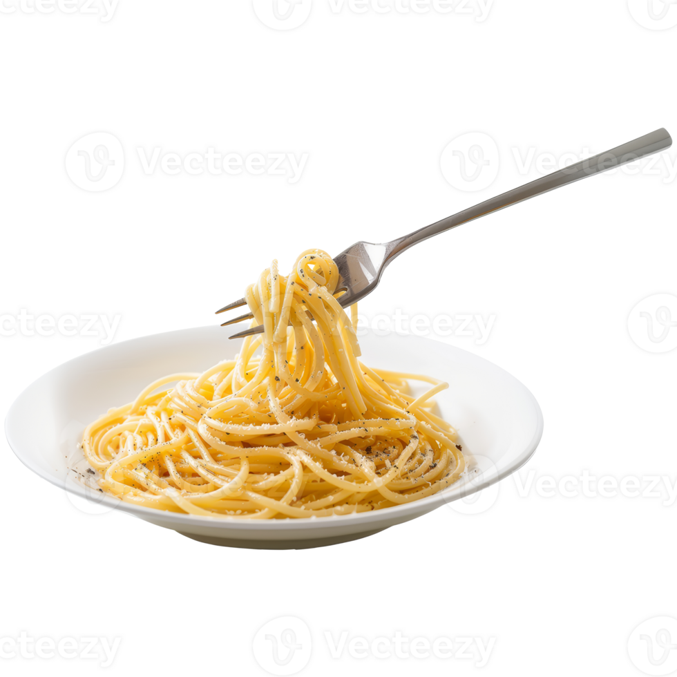 Spaghetti noodles on a plate, with a fork rolling the noodles, transparent background png
