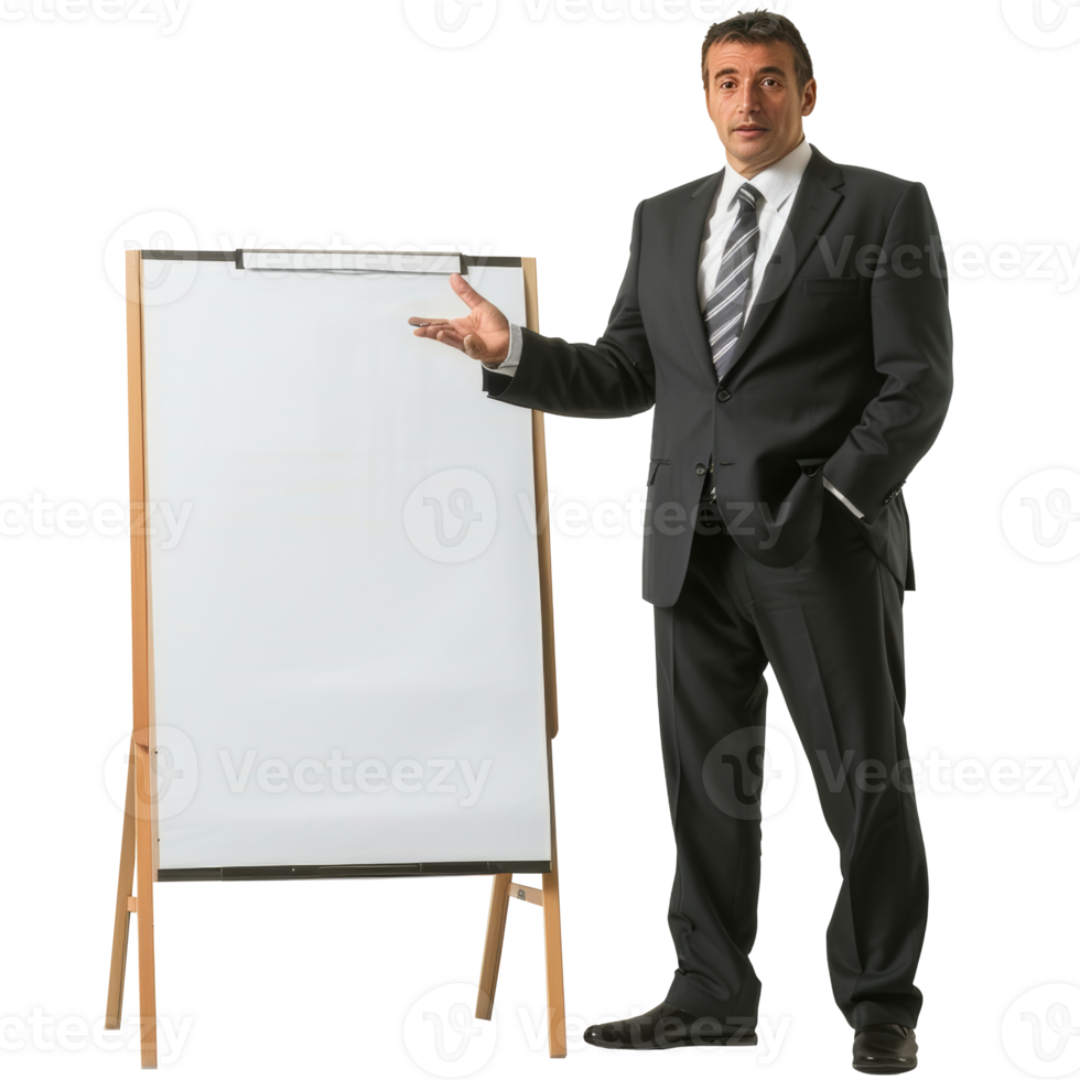 Office man in suit giving presentation next to white chalkboard, transparent background png