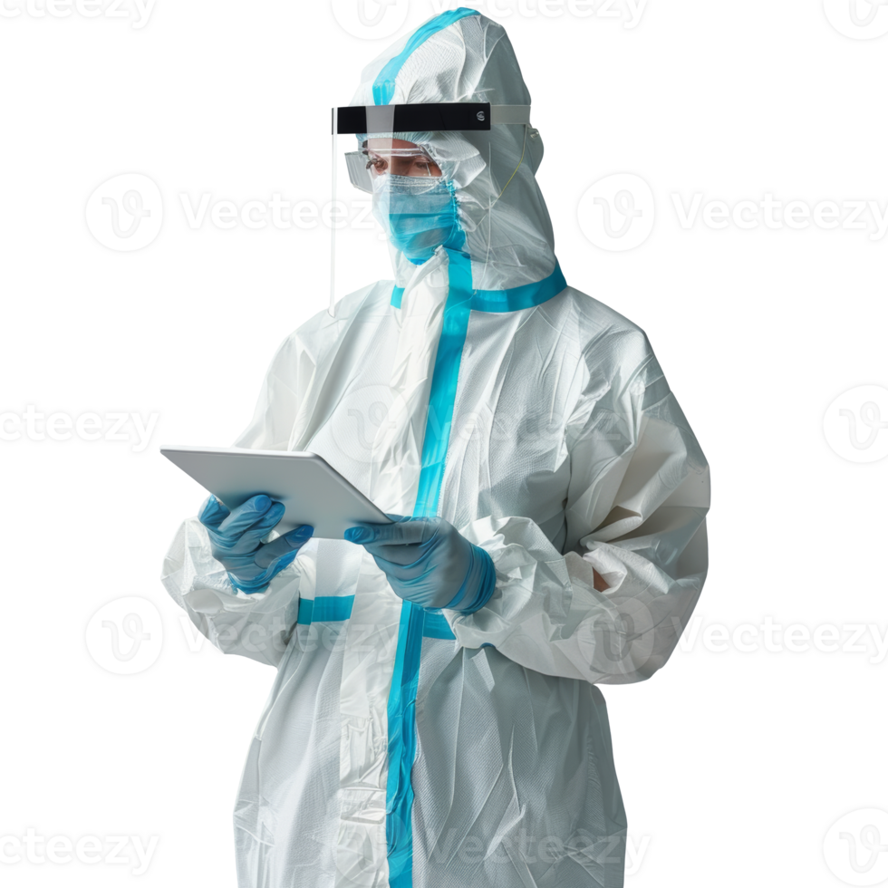Lab worker in protective clothing holding tablet, transparent background png