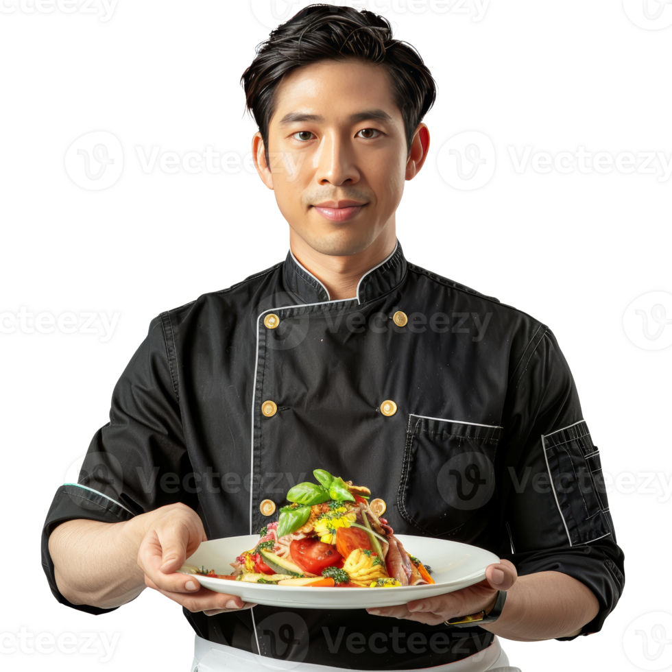 Asian male chef holding food on plate, transparent background png