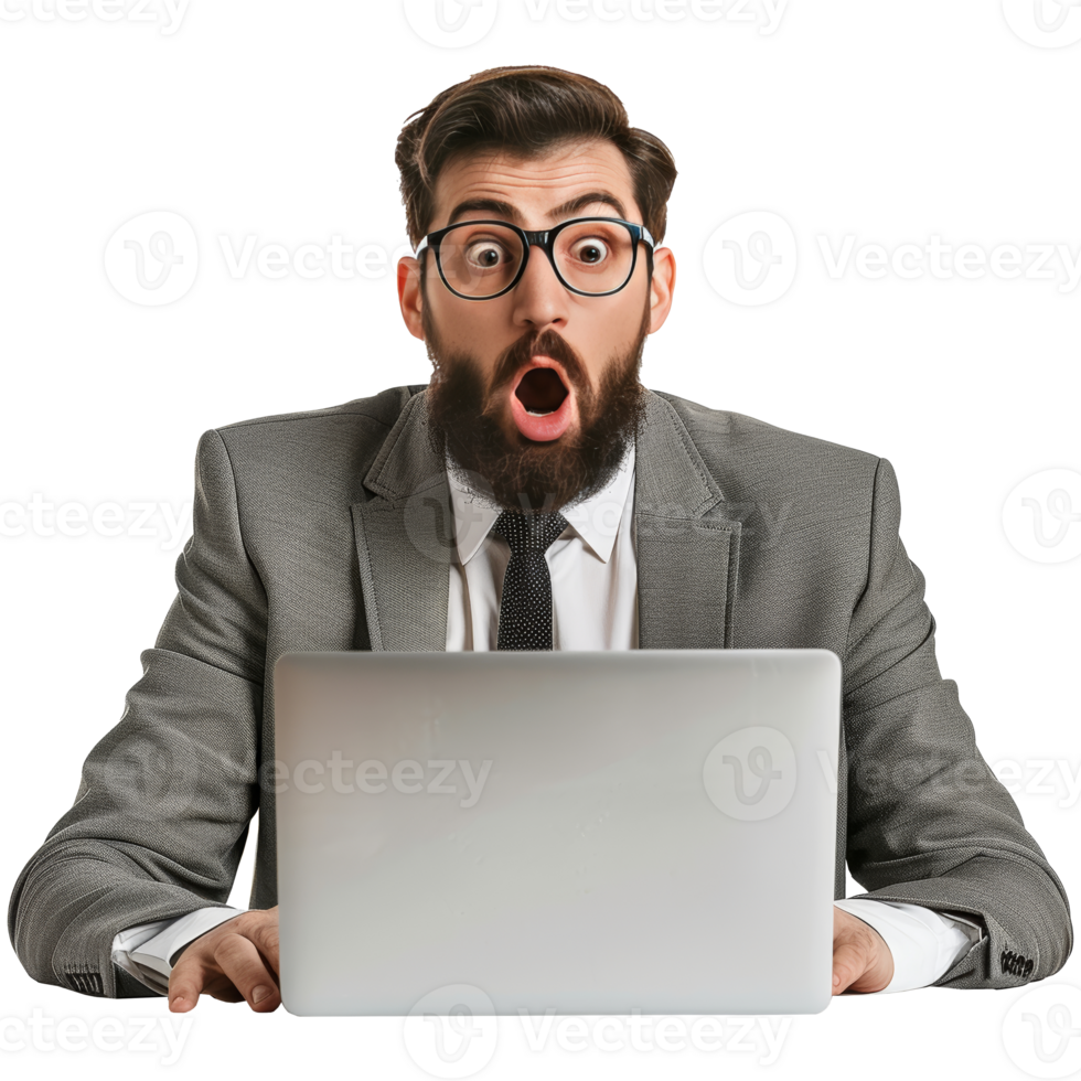 Surprised office man while looking at laptop screen, transparent background png