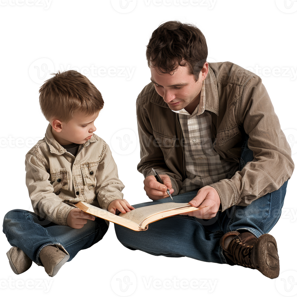 Father teaching his son to study, transparent background png
