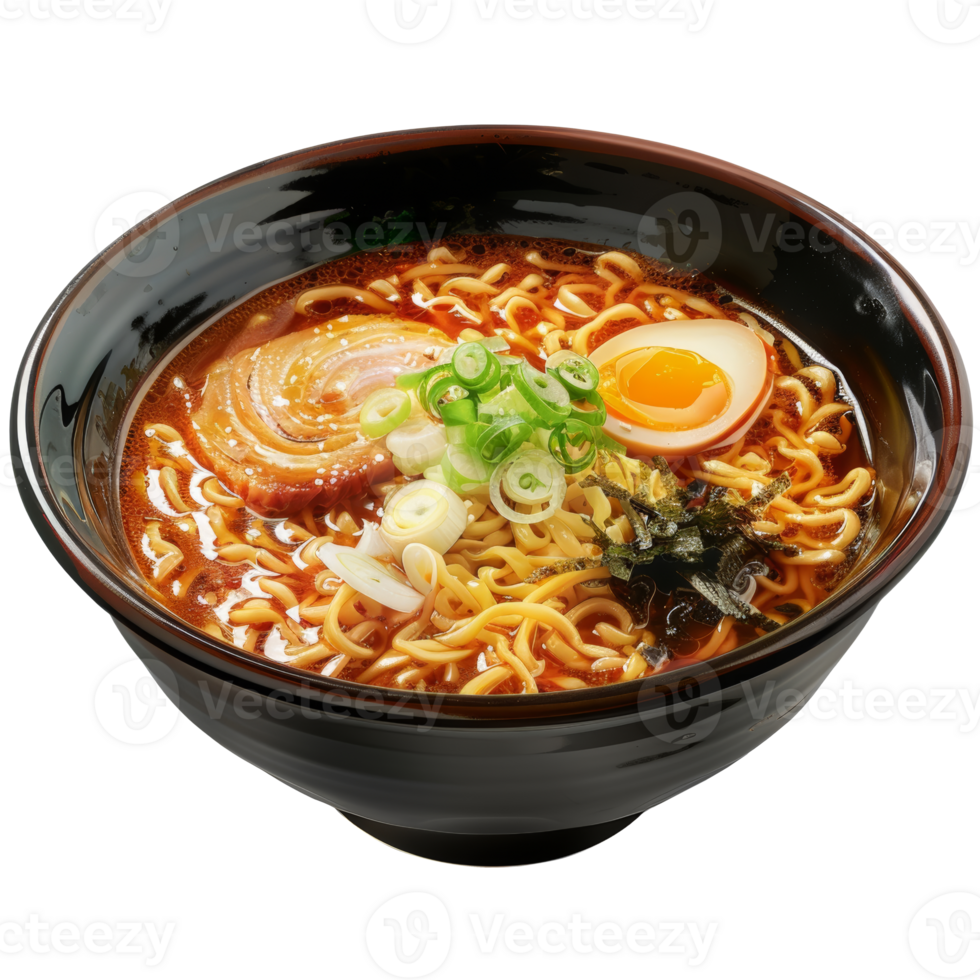 Realistic ramen noodles in traditional bowl, transparent background png