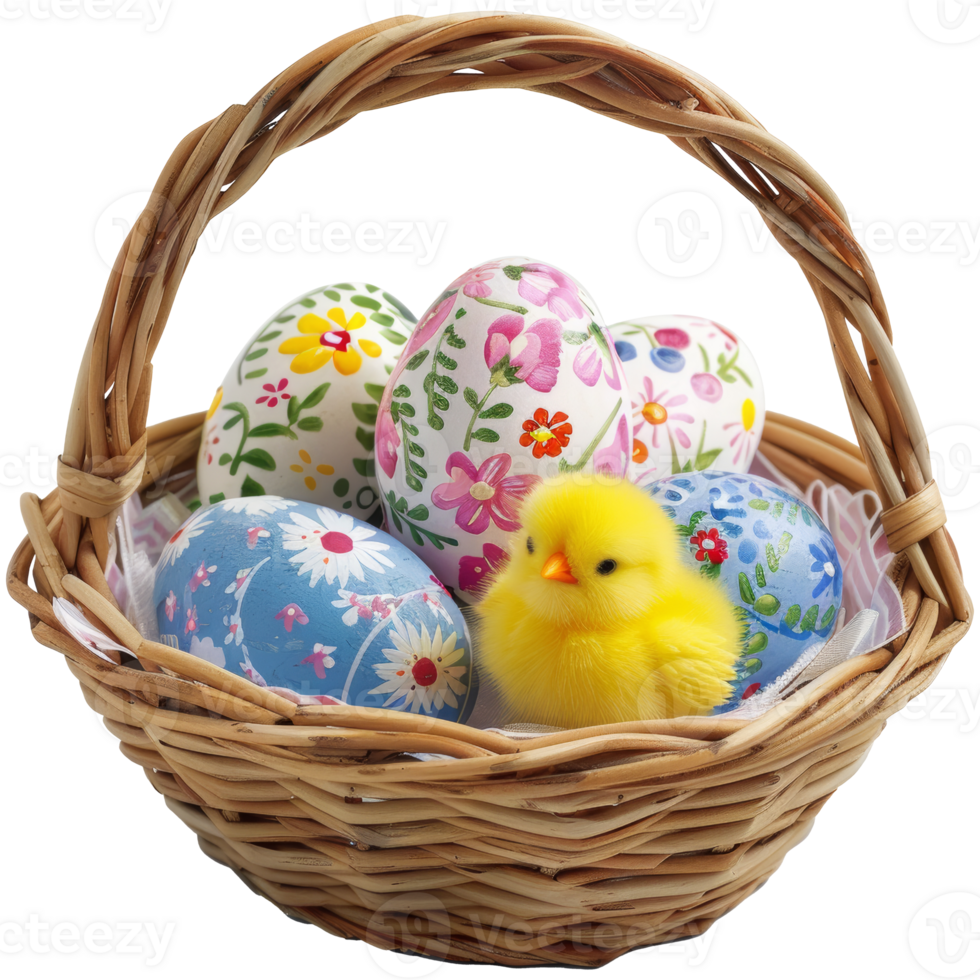Colorful Easter eggs with picnic basket motif and one hatching yellow chick, transparent background png