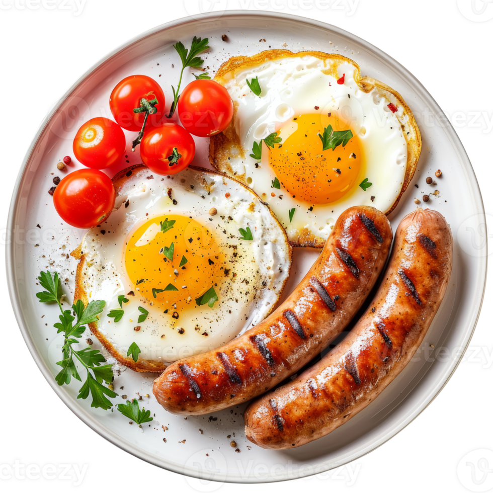 Breakfast menu of sausages, fried eggs and small tomatoes on a plate, transparent background png