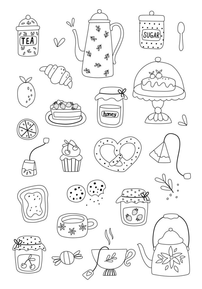 Outline illustration of cups and sweeties for anti-stress coloring book isolated on a white background. Coloring page for adults and children. vector