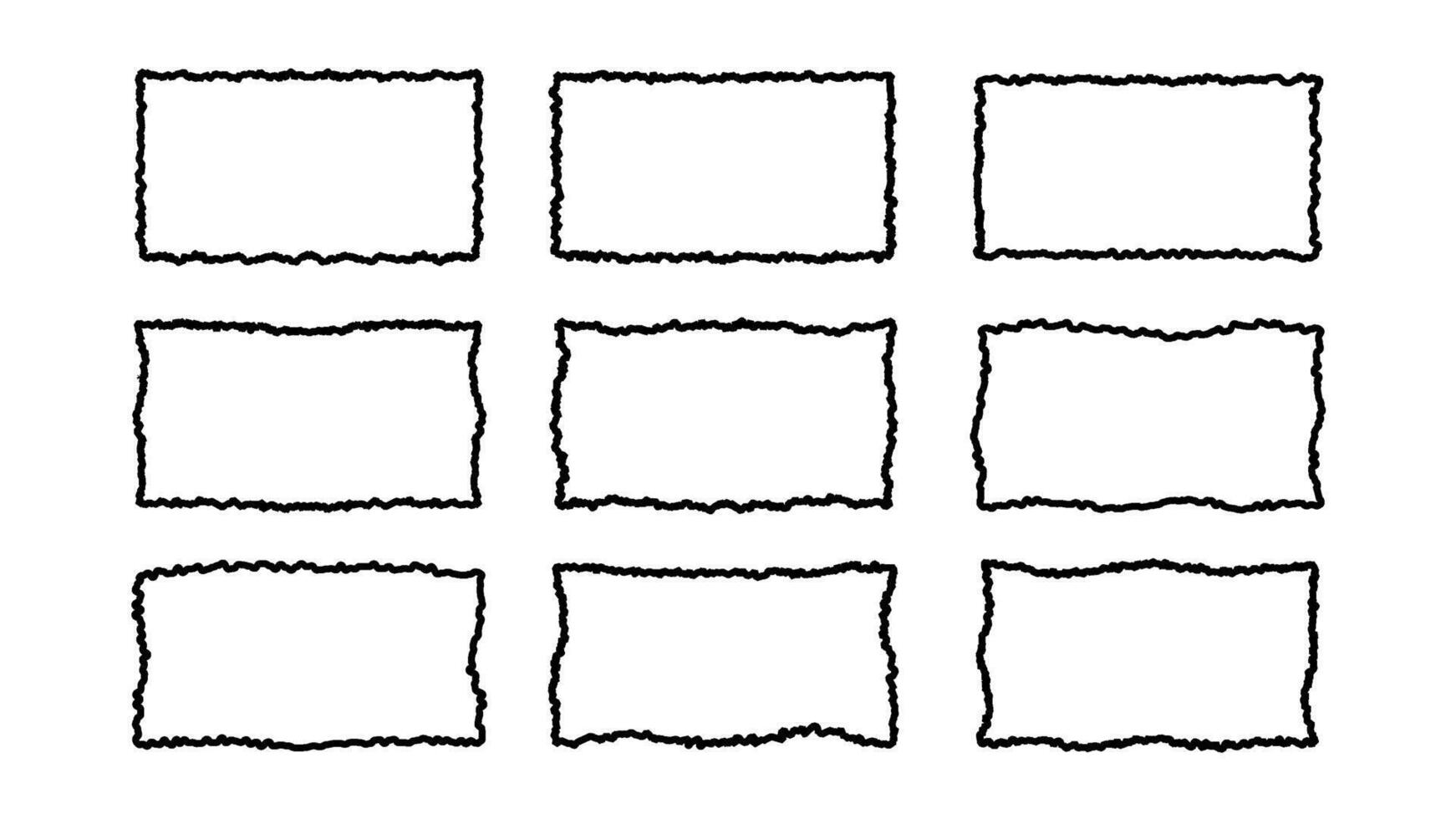 Set of black rectangular frames with jagged uneven edges isolated on white background. illustration vector
