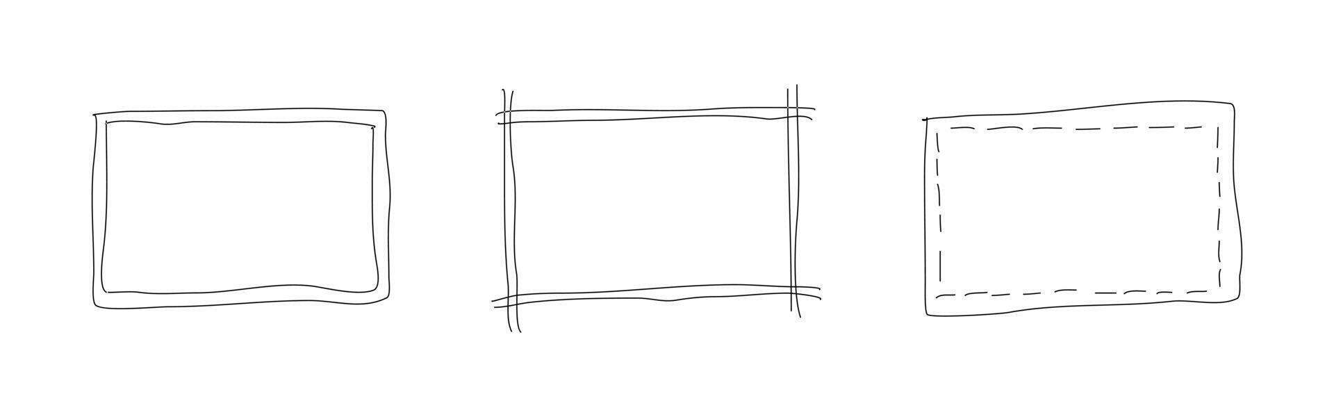 Doodle rectangular shapes. Highlighting elements. Set of hand drawn rectangle frames. Scribble square text box. Lined simple border. Graphic illustration. vector