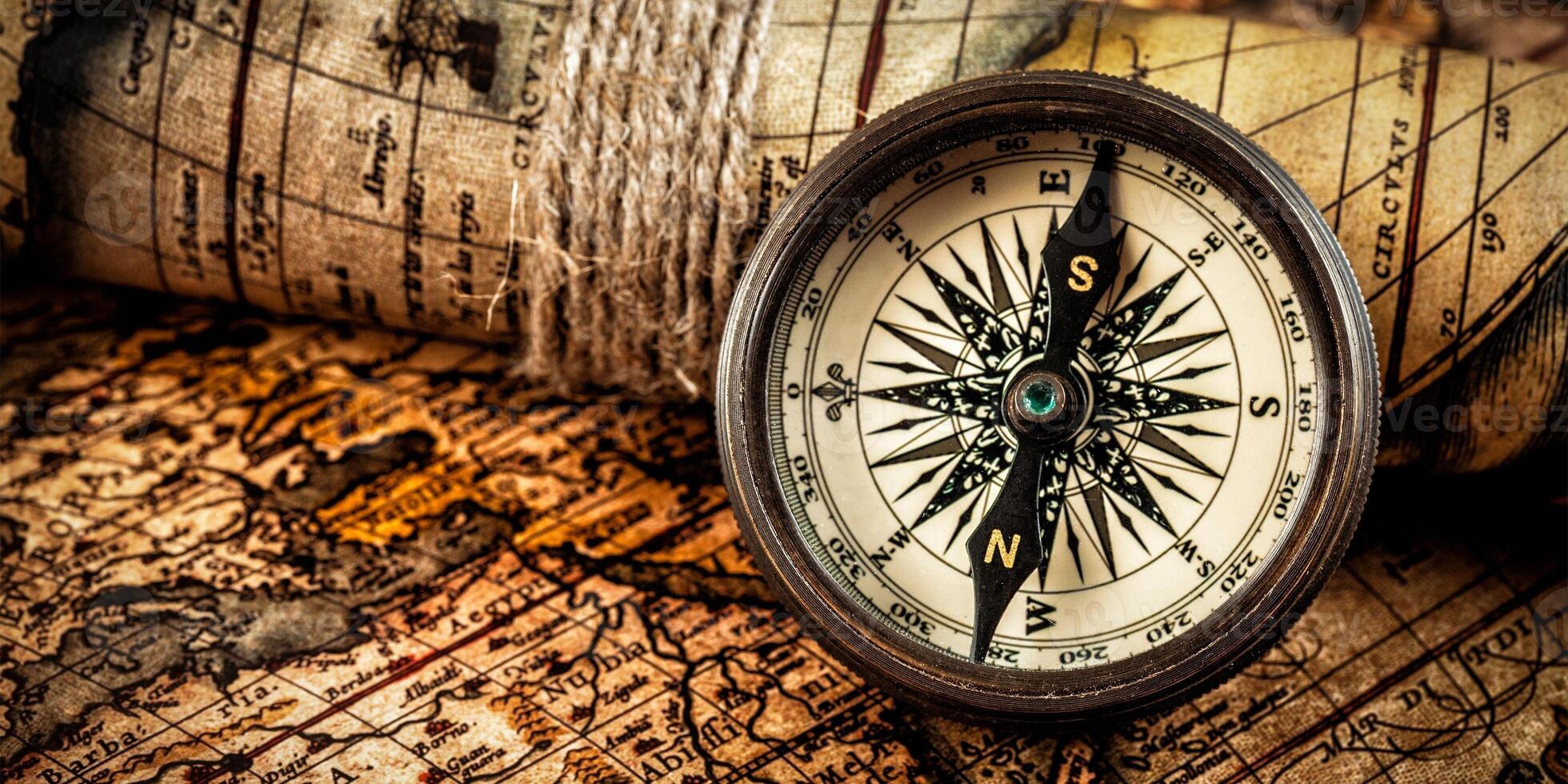 Old vintage compass on ancient map photo