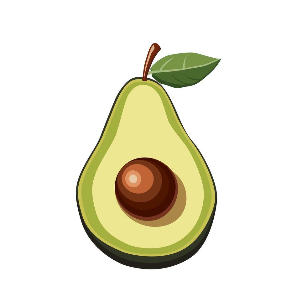 Fresh half cut green avocado with leaf isolated on white background. Side view clipart. Food illustration in flat style. Summer clipart for design of card, banner, flyer, sale, poster for party vector