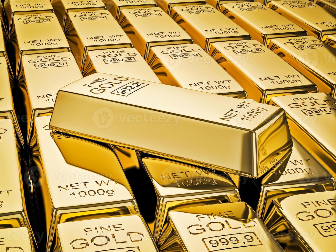 Gold bar on stacks of gold bullions close up photo
