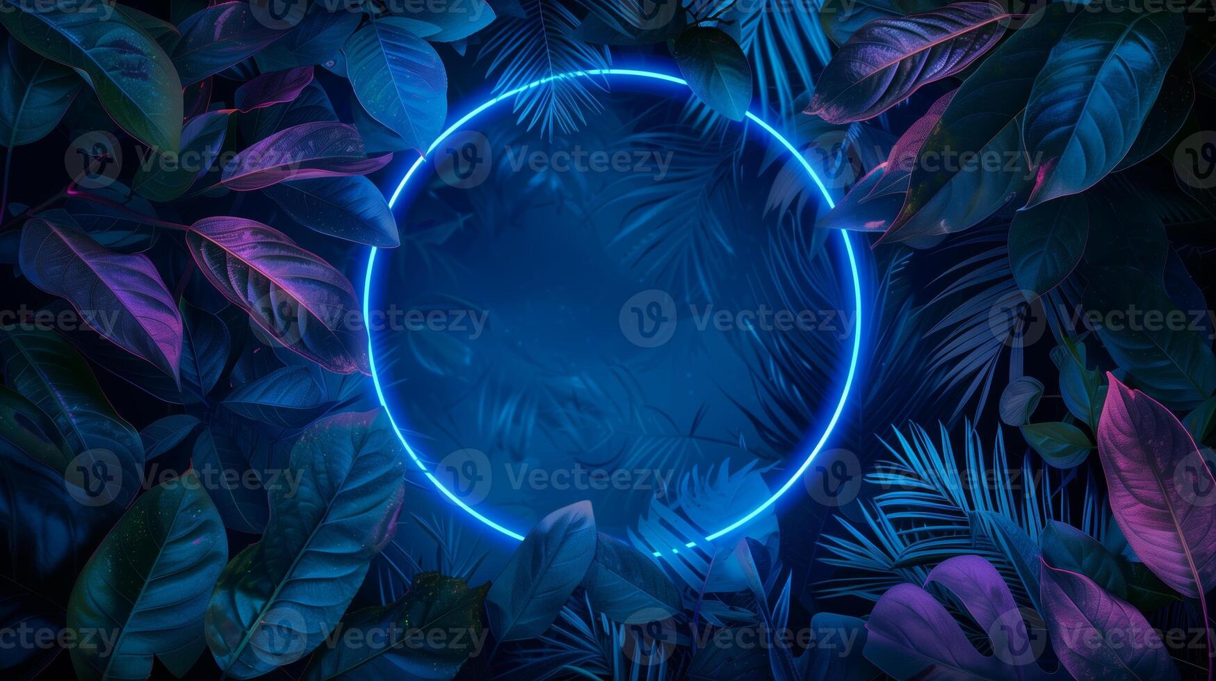 A blue neon frame with leaves on dark background. photo