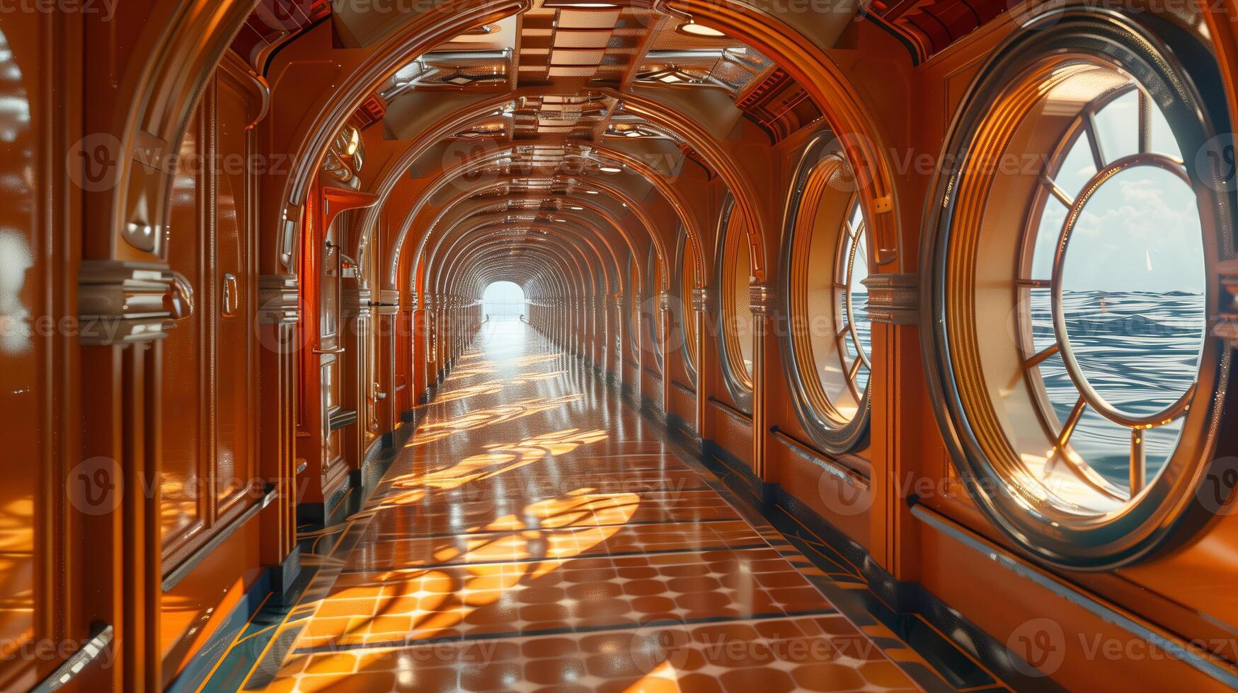 The wide aisle of the cruise ship with the seaside scenery. photo