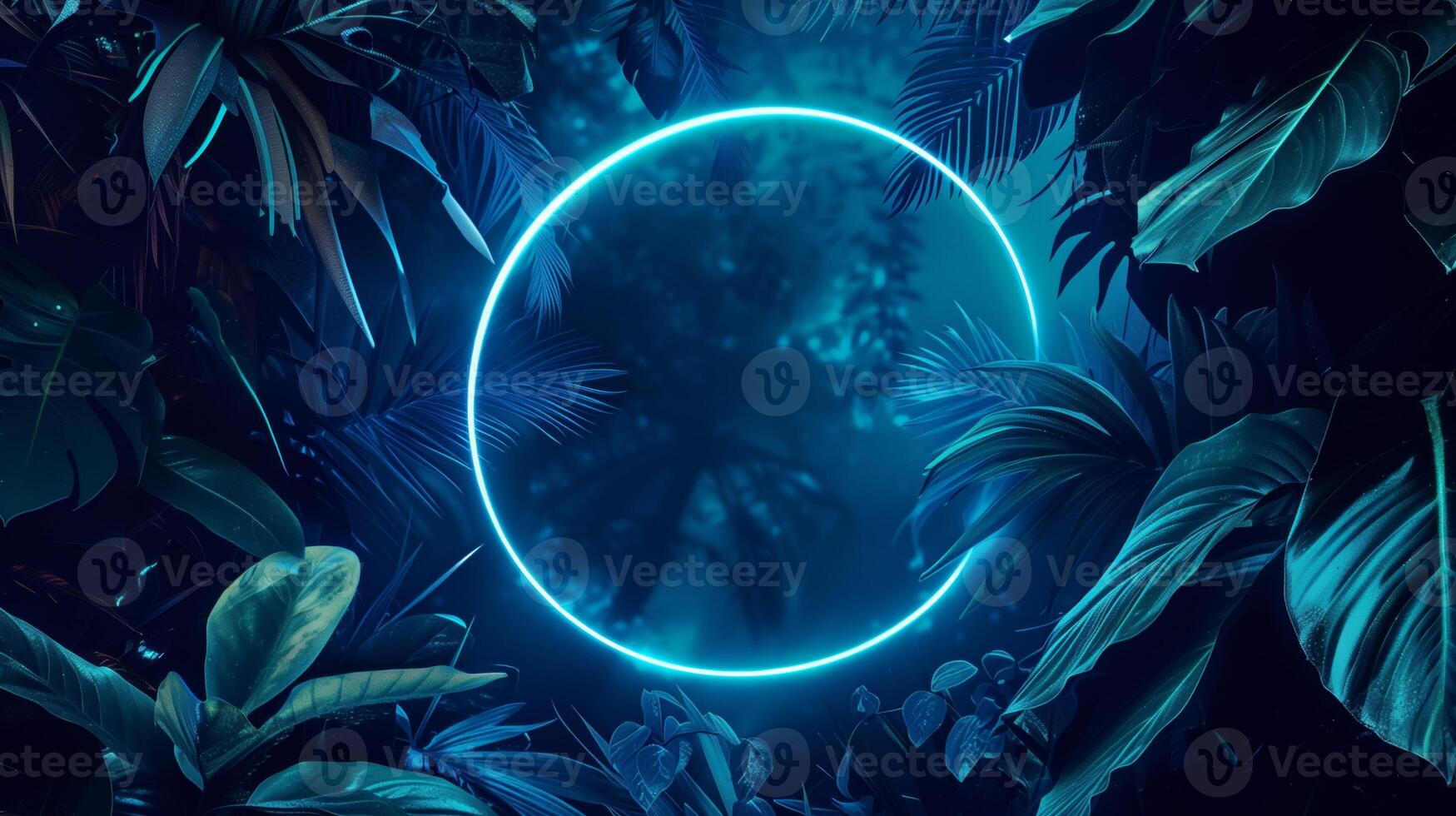 A blue neon frame with leaves on dark background. photo
