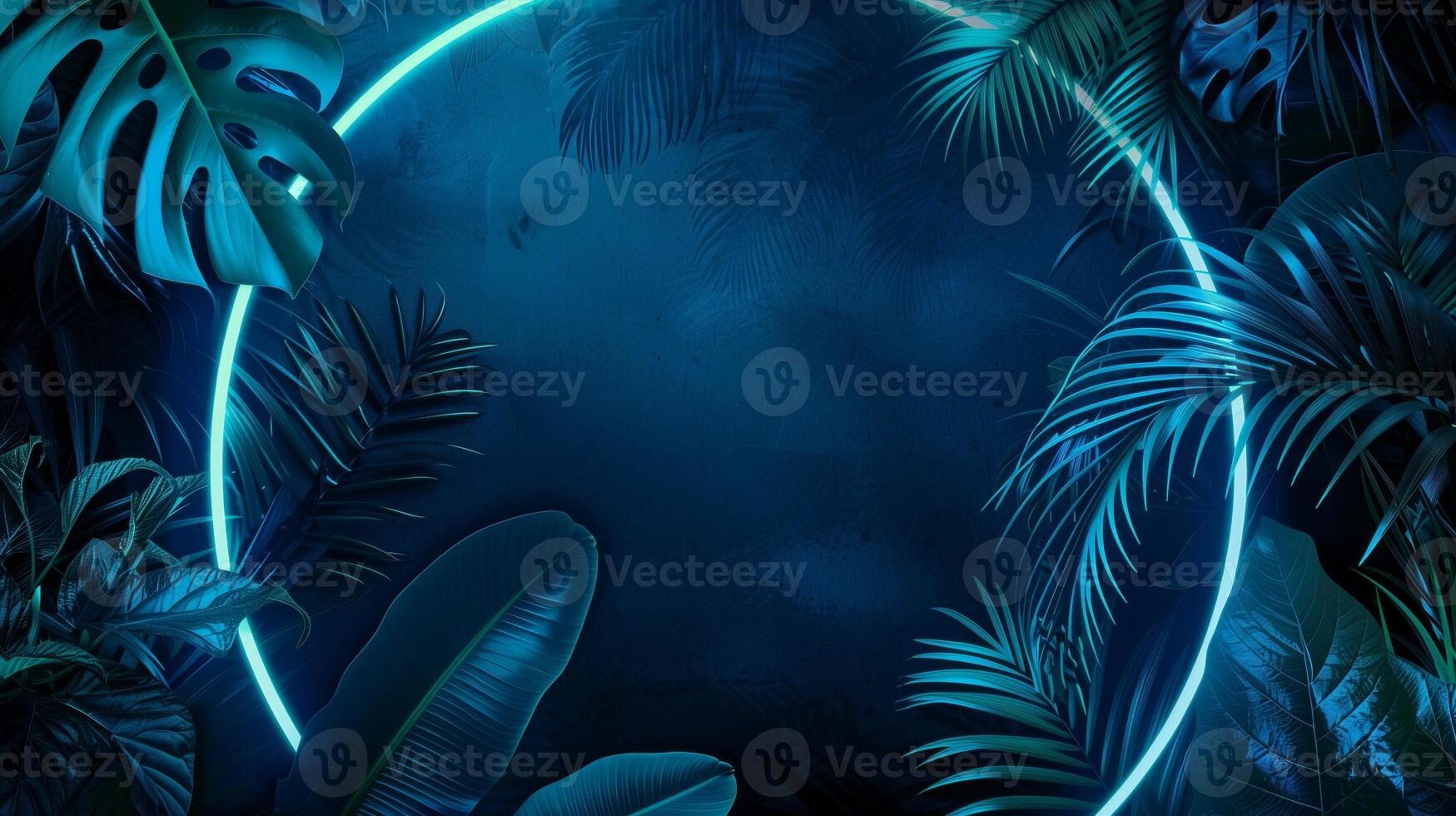 A blue neon frame with leaves on dark background. photo