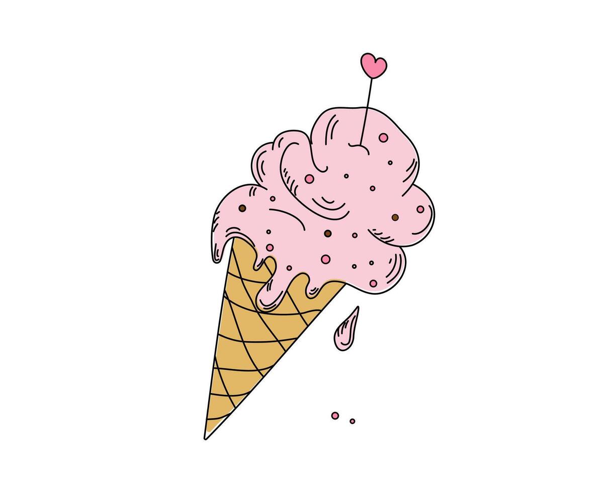 Ice cream drawing, white background. Food, dessert. Hand drawn linear icon. Doodles. Black outline. Background isolated. vector