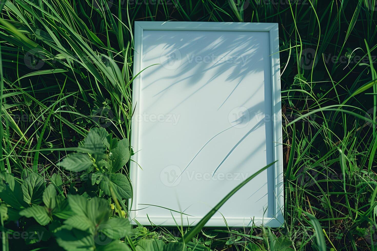 A plain white frame mockup, laying on grass in sunny day. photo