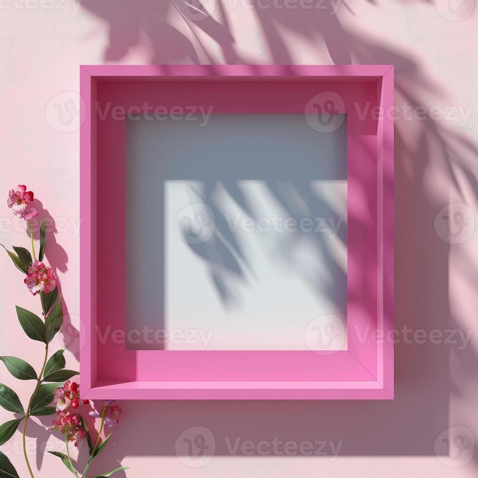 A pink square frame with a shadow with flowers in background. photo
