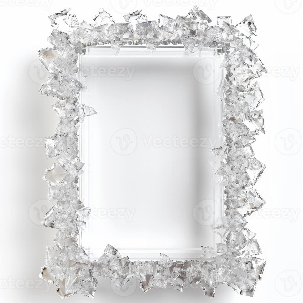 A large, thin rectangular frame made out of a clear, solid white diamond geode cluster. photo