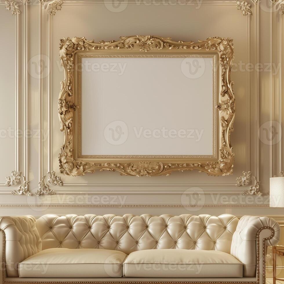 A vintage, antique frame with intricate gold detailing hangs on the wall above a plush velvet sofa. photo