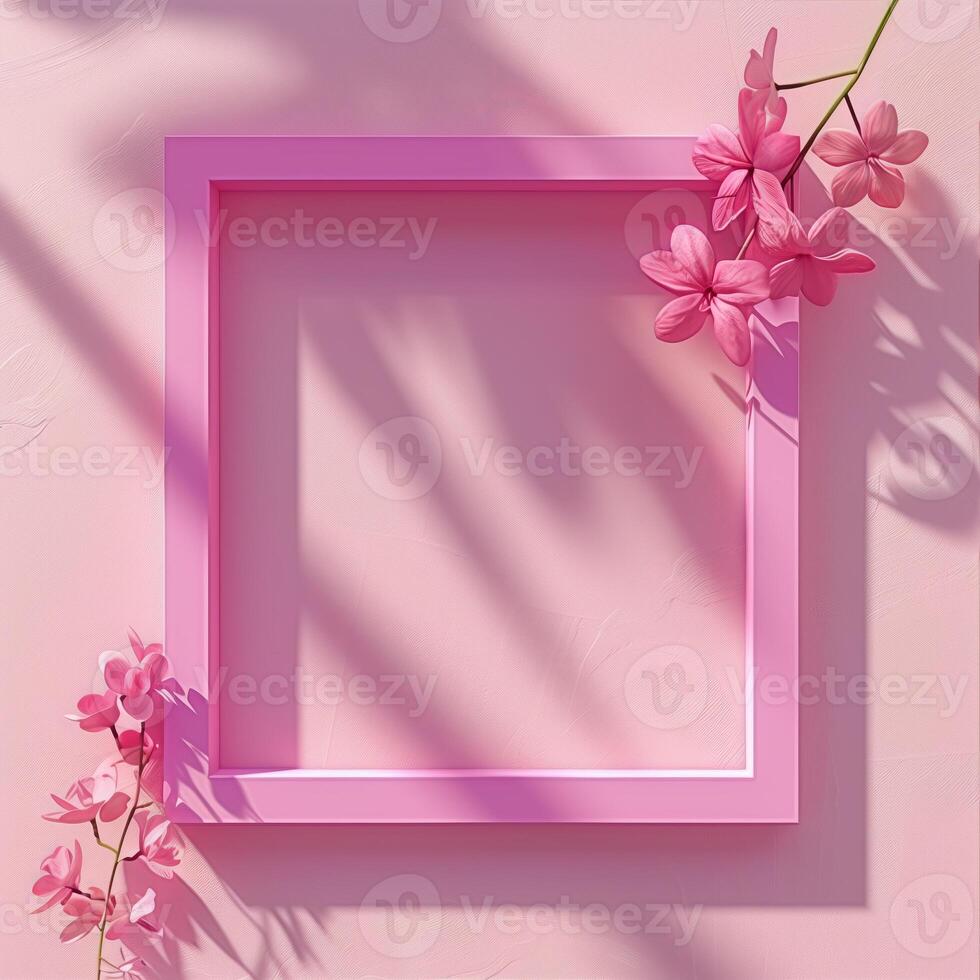 A pink square frame with a shadow with flowers in background. photo