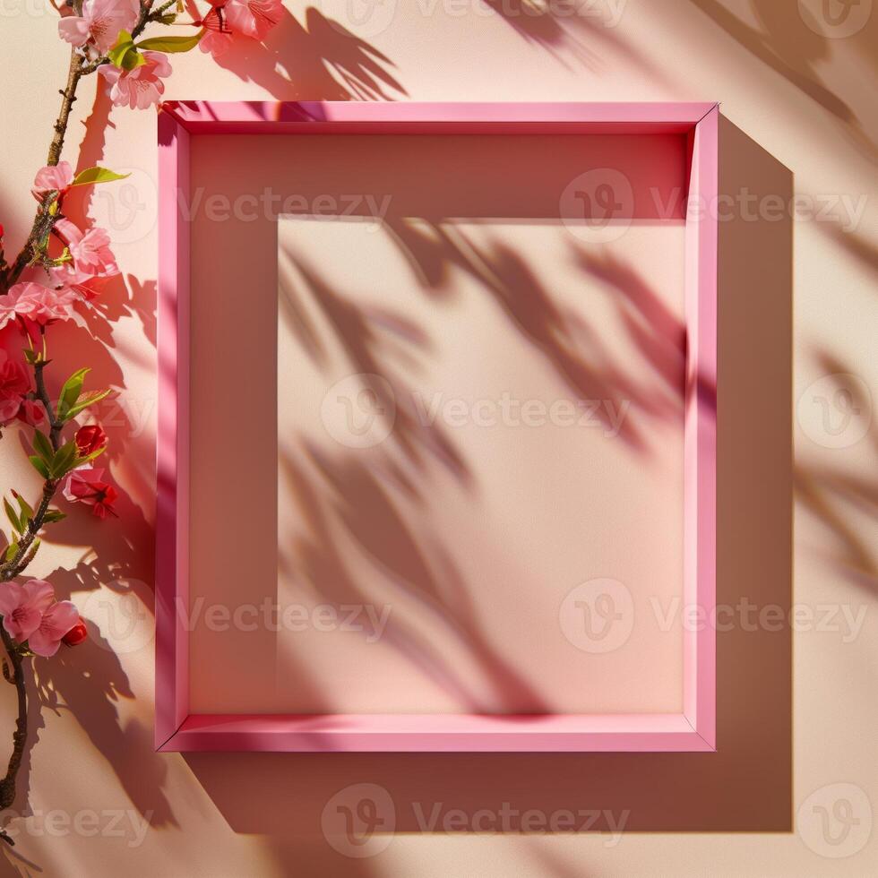 A pink square frame with a shadow with flowers in background. photo