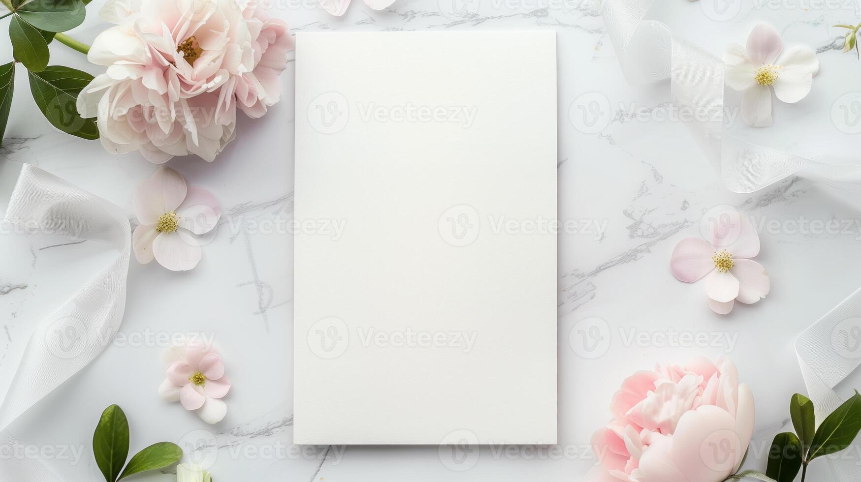 A wedding invitation with flowers and ribbon on a white background. photo