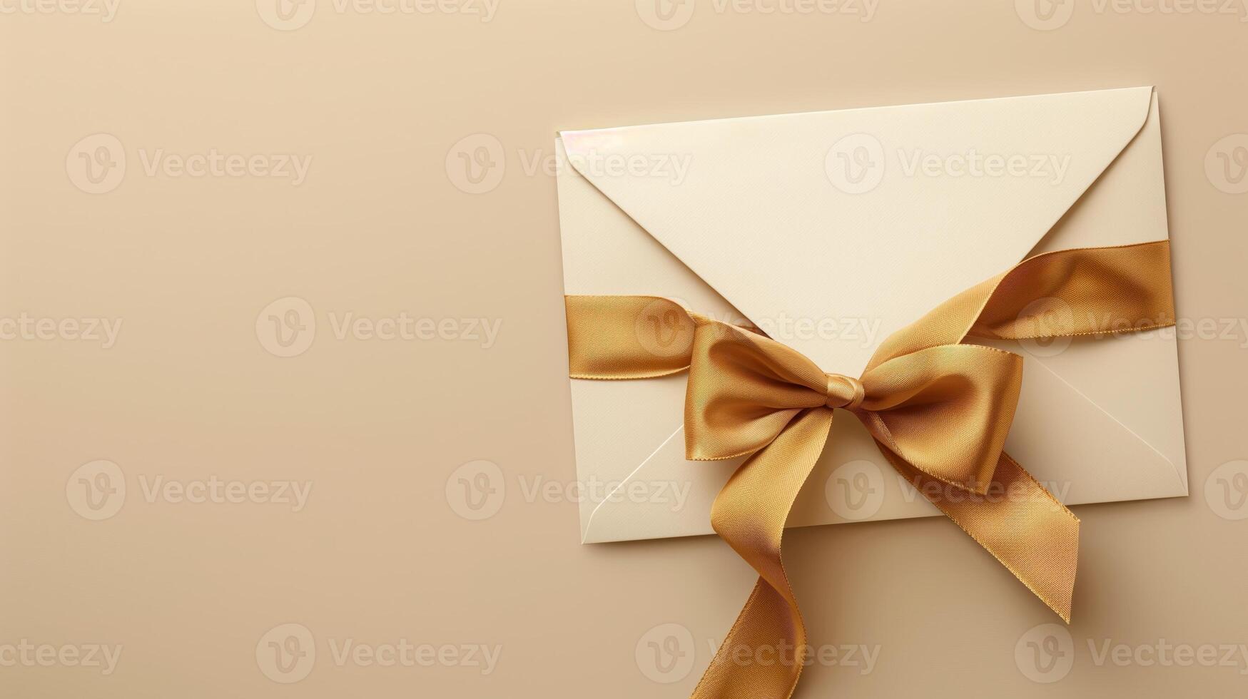 A mockup of an envelope with a gold ribbon on a neutral beige background. photo