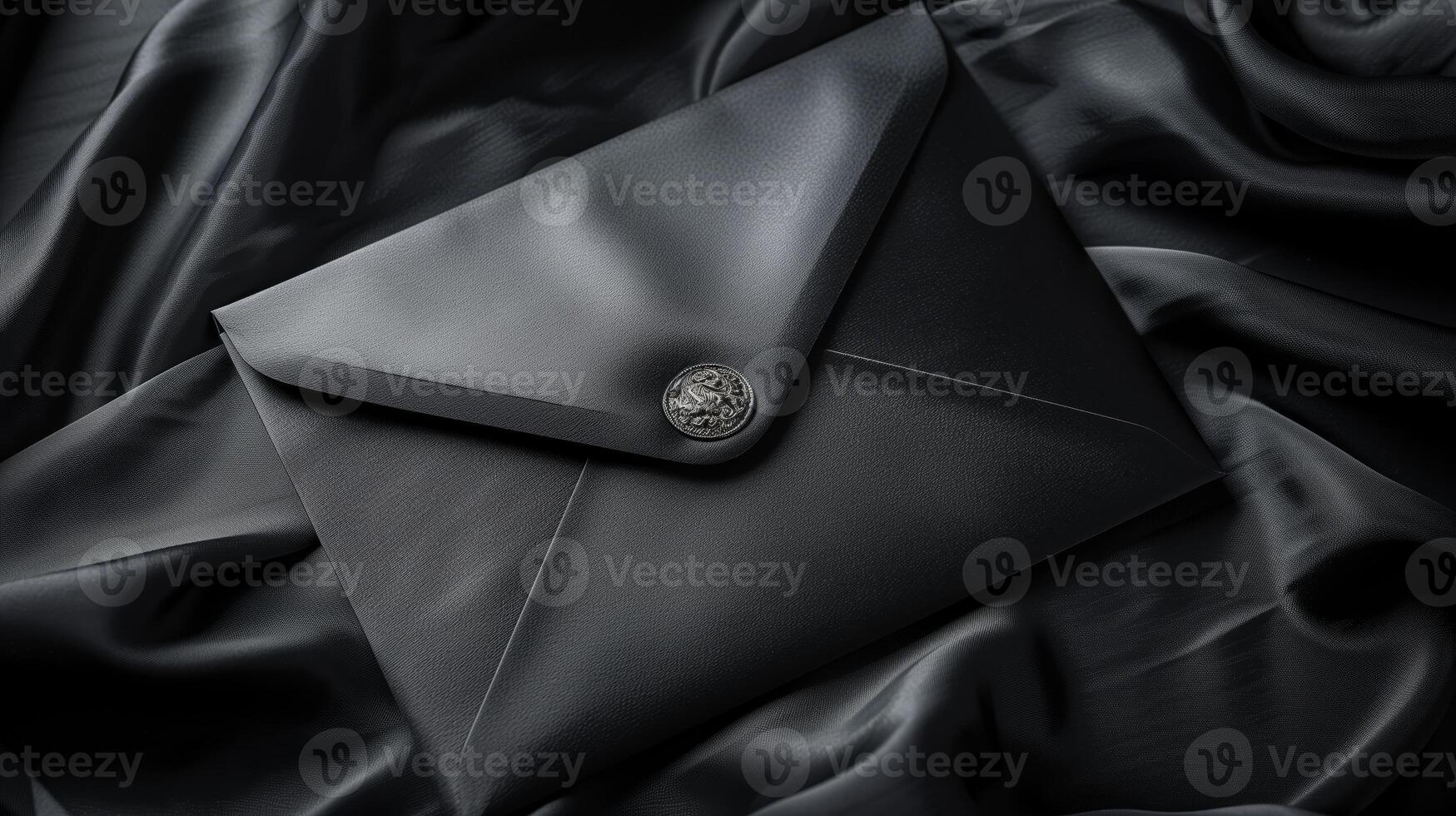 A luxurious black envelope lying on a richly textured satin cloth background. photo