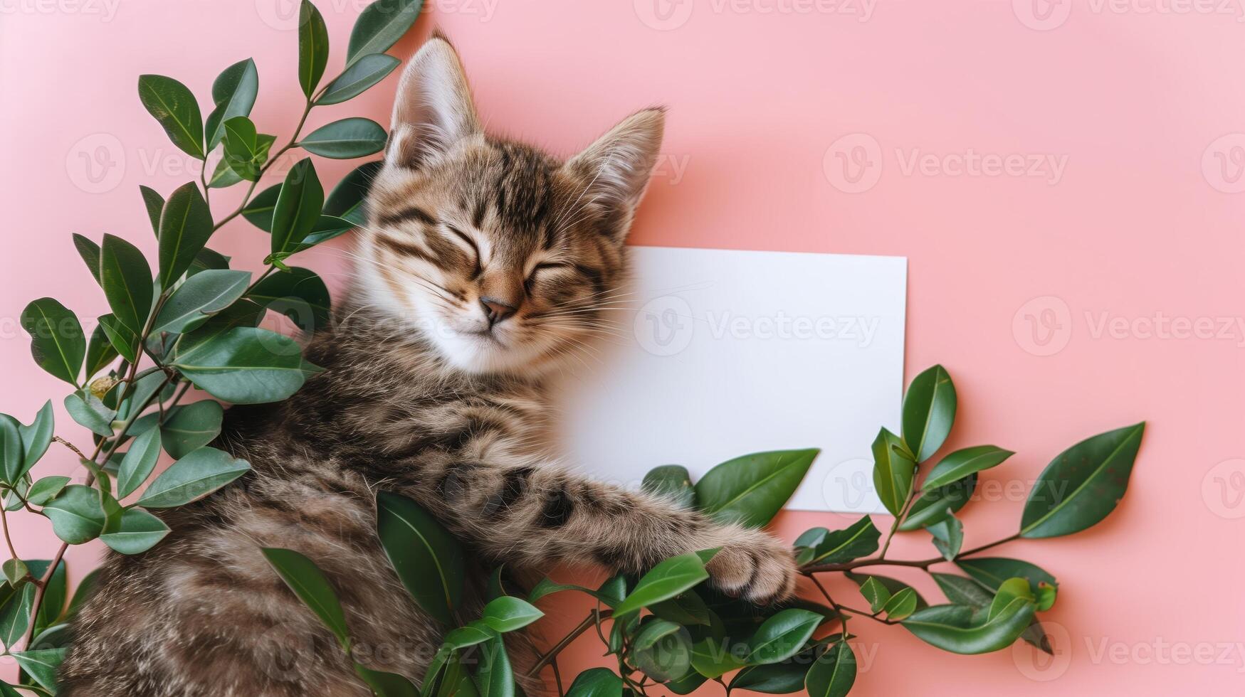 A cute kitten sleeping next to green leaves on a pink background with a blank white card in the middle of the picture. photo