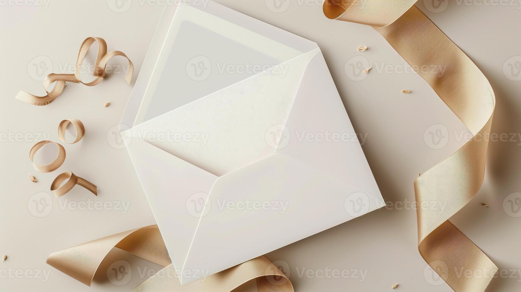 A mockup of an envelope with a gold ribbon on a neutral beige background. photo
