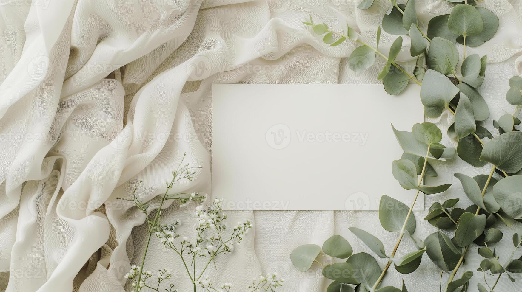 A lat lay card mockup adorned with eucalyptus branche and flowers. photo