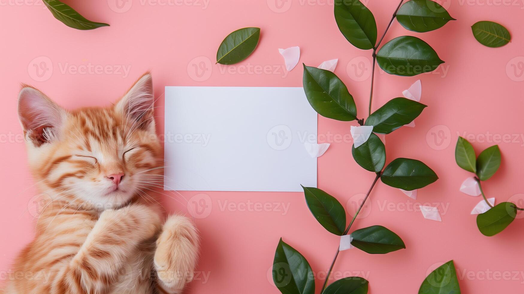 A cute kitten sleeping next to green leaves on a pink background with a blank white card in the middle of the picture. photo