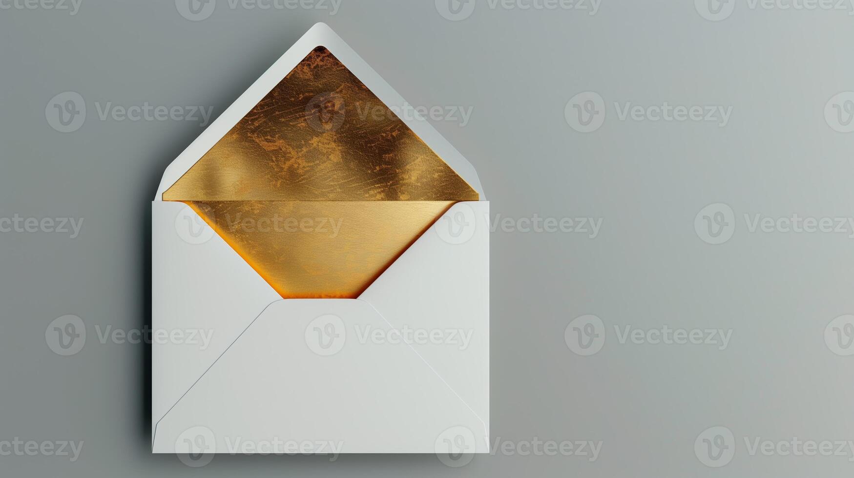 An envelope with gold foil on it, with the top open placed against a gray background. photo