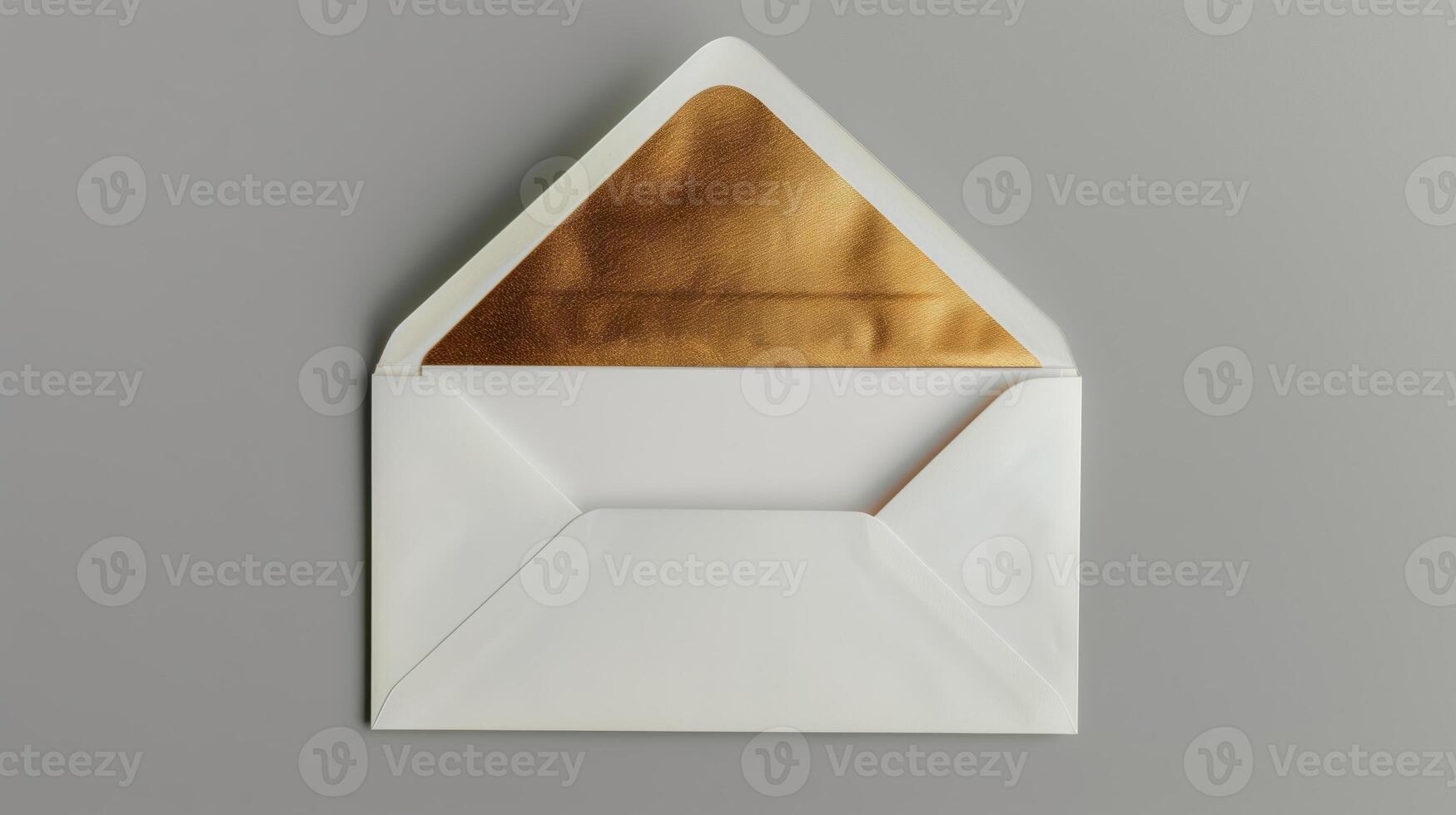 An envelope with gold foil on it, with the top open placed against a gray background. photo