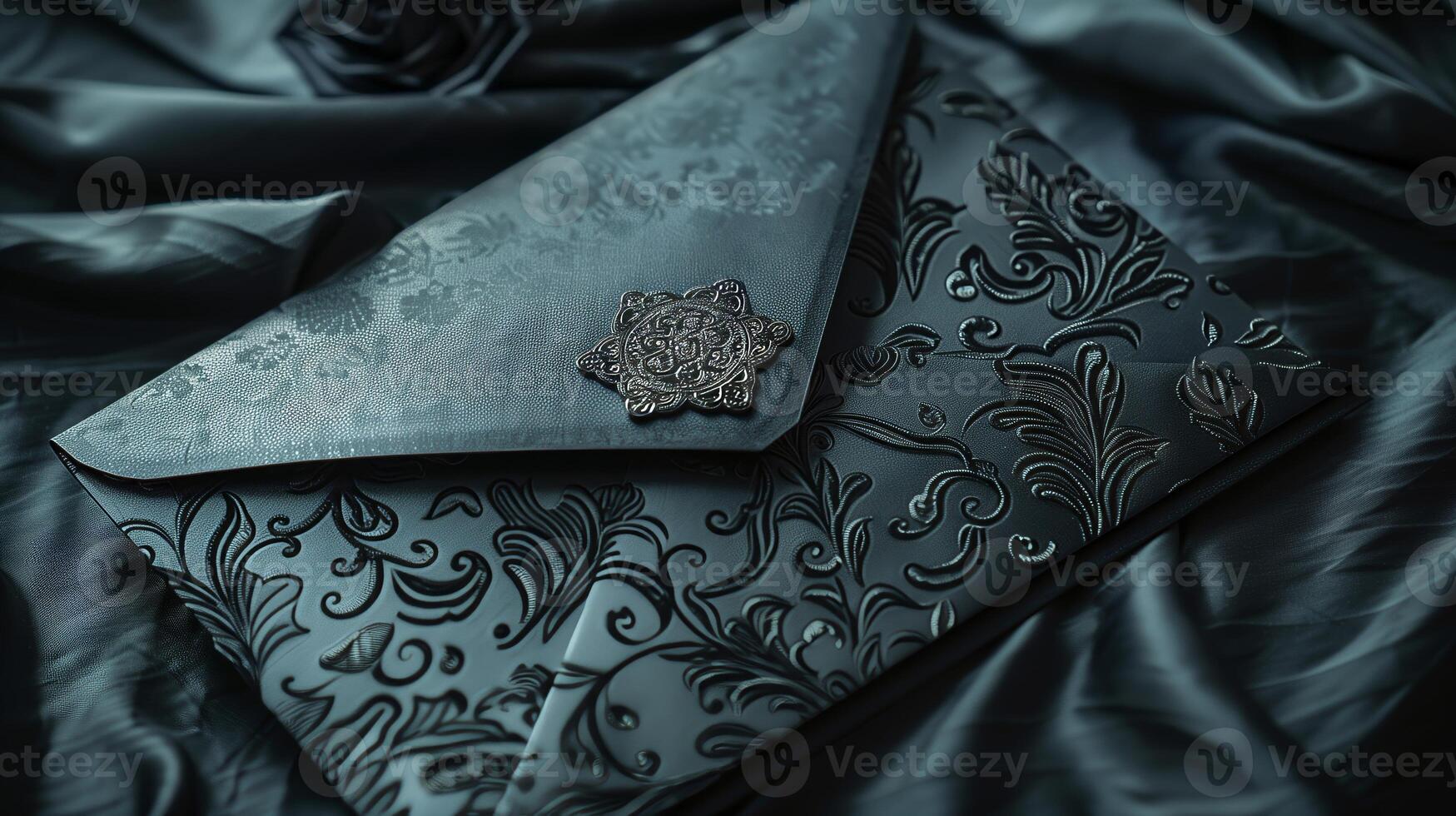 A luxurious black envelope lying on a richly textured satin cloth background. photo