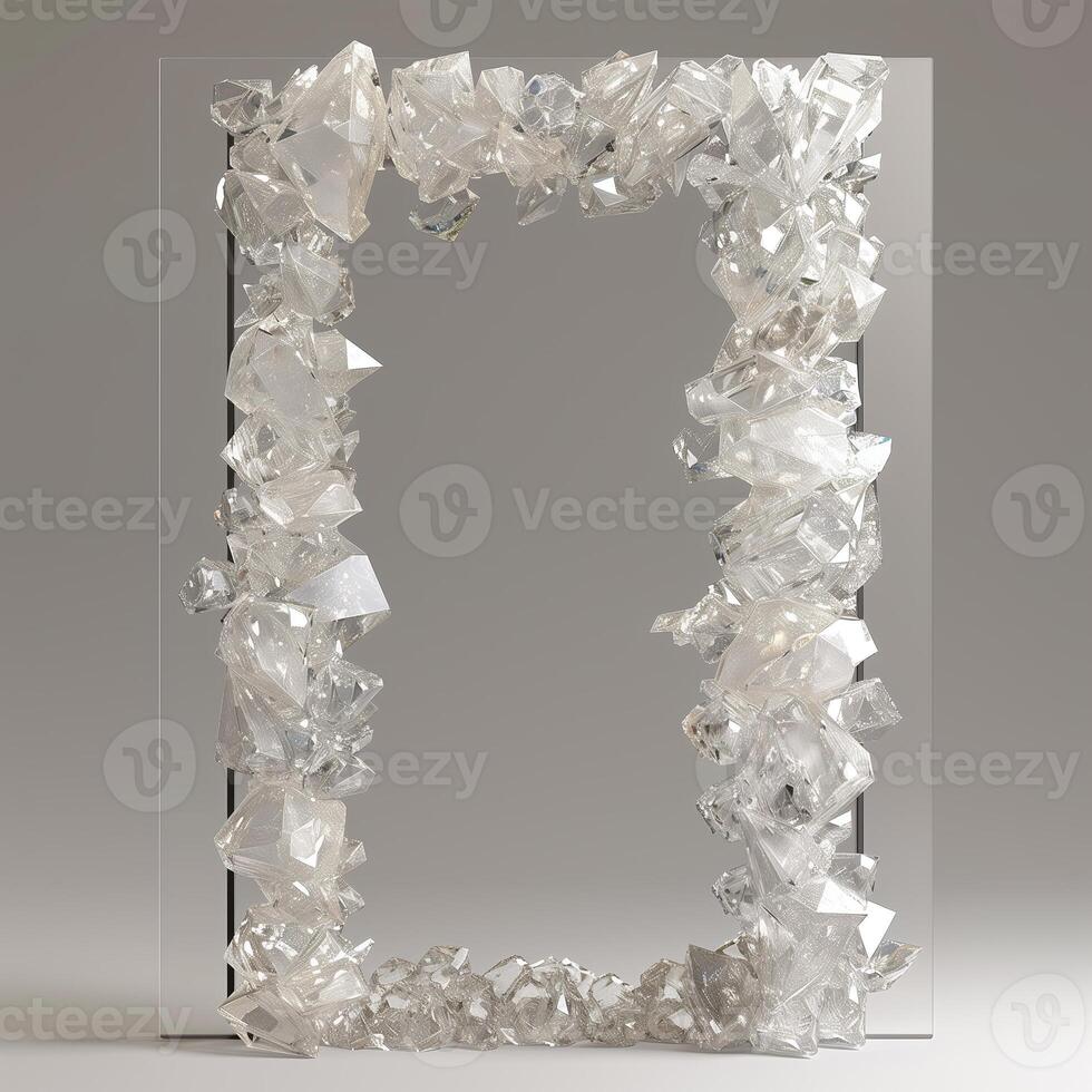 A large, thin rectangular frame made out of a clear, solid white diamond geode cluster. photo