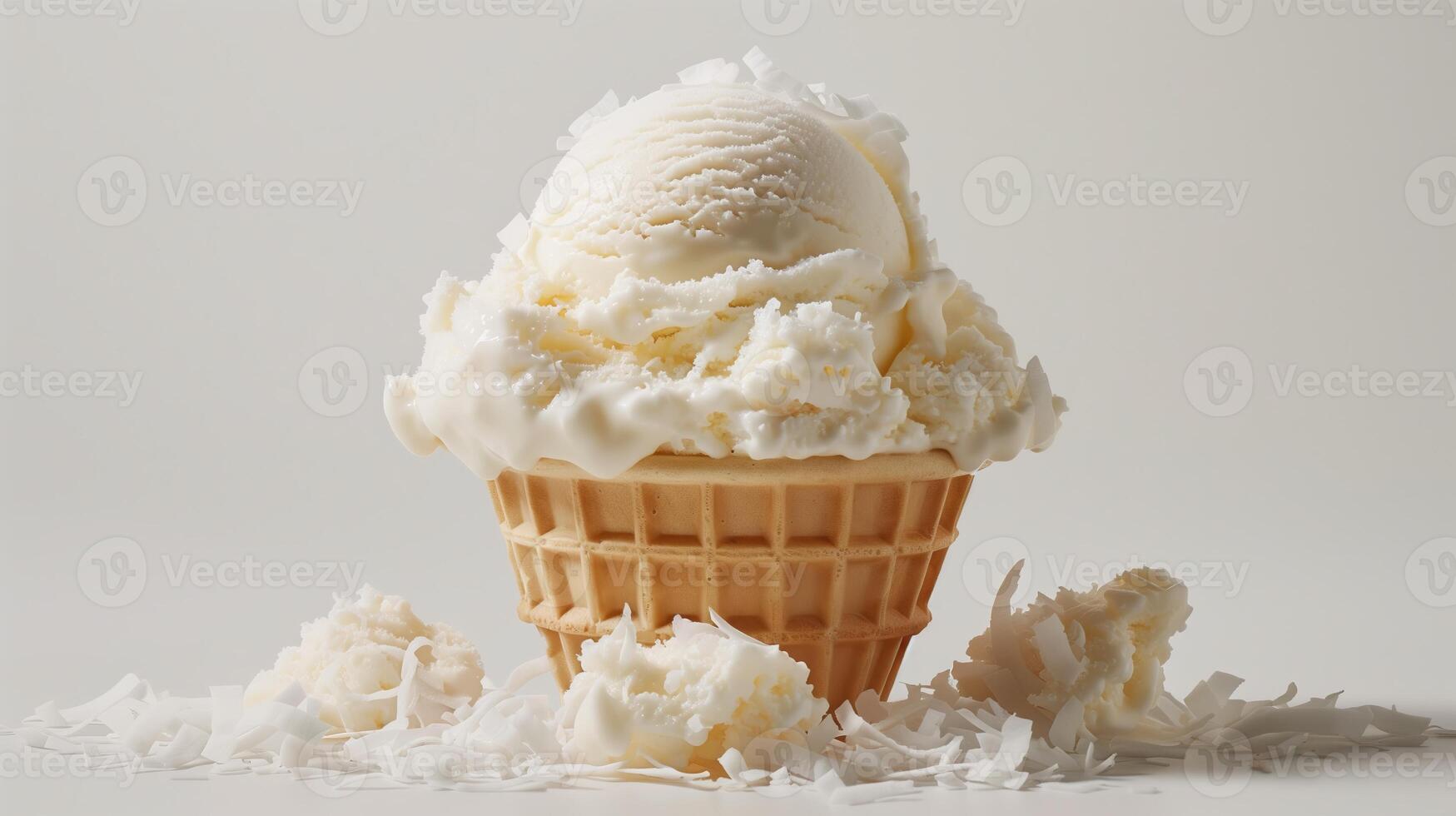 A white ice cream sundae in a waffle cup, topped with coconut flakes, on a plain white background. photo