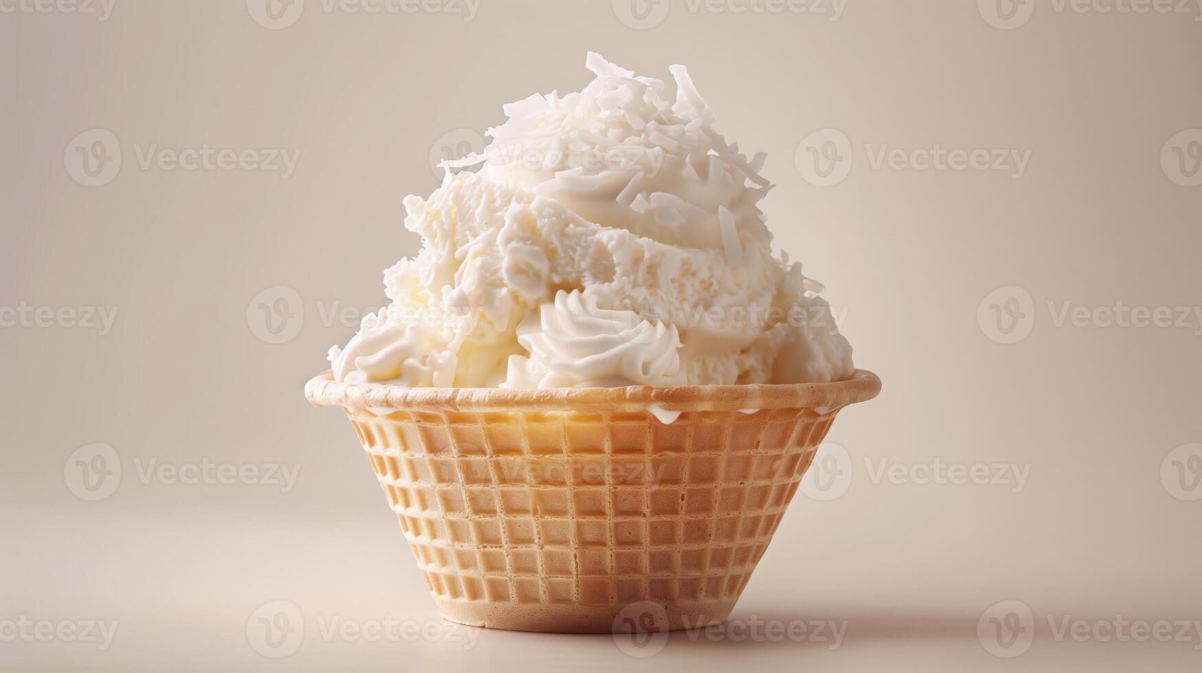 A white ice cream sundae in a waffle cup, topped with coconut flakes, on a plain white background. photo