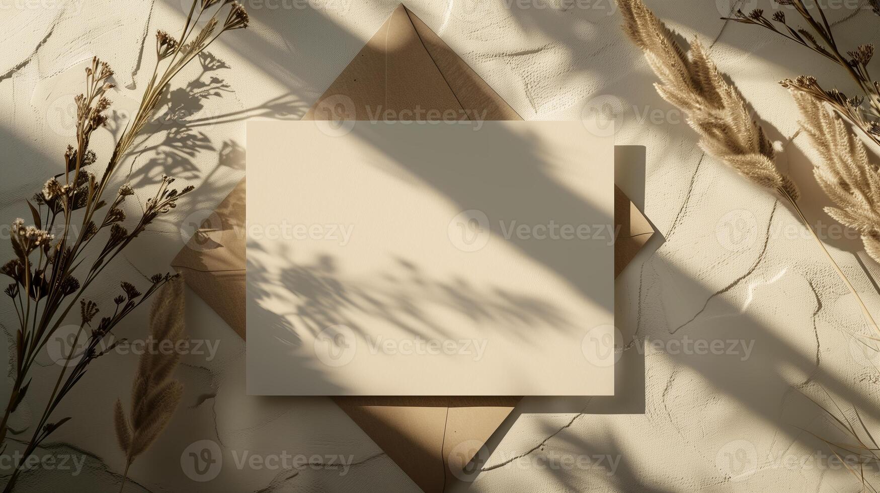 A light white and light brown blank invitation mockup with dried flowers and many shadows. photo