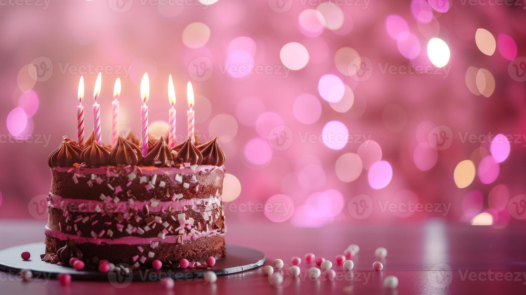 A Birthday chocolate layer cake with candles and pink background. photo