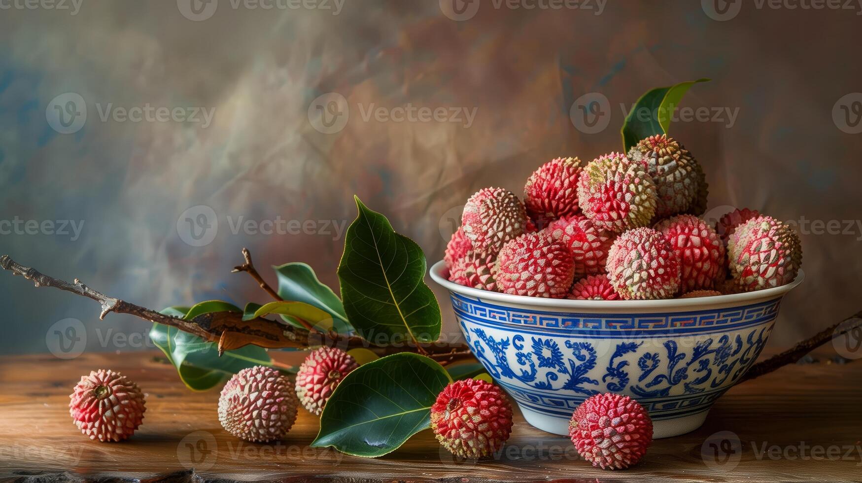 A bowl of pink red lychees in a blue and white porcelain bowl with patterns on a wooden table. photo