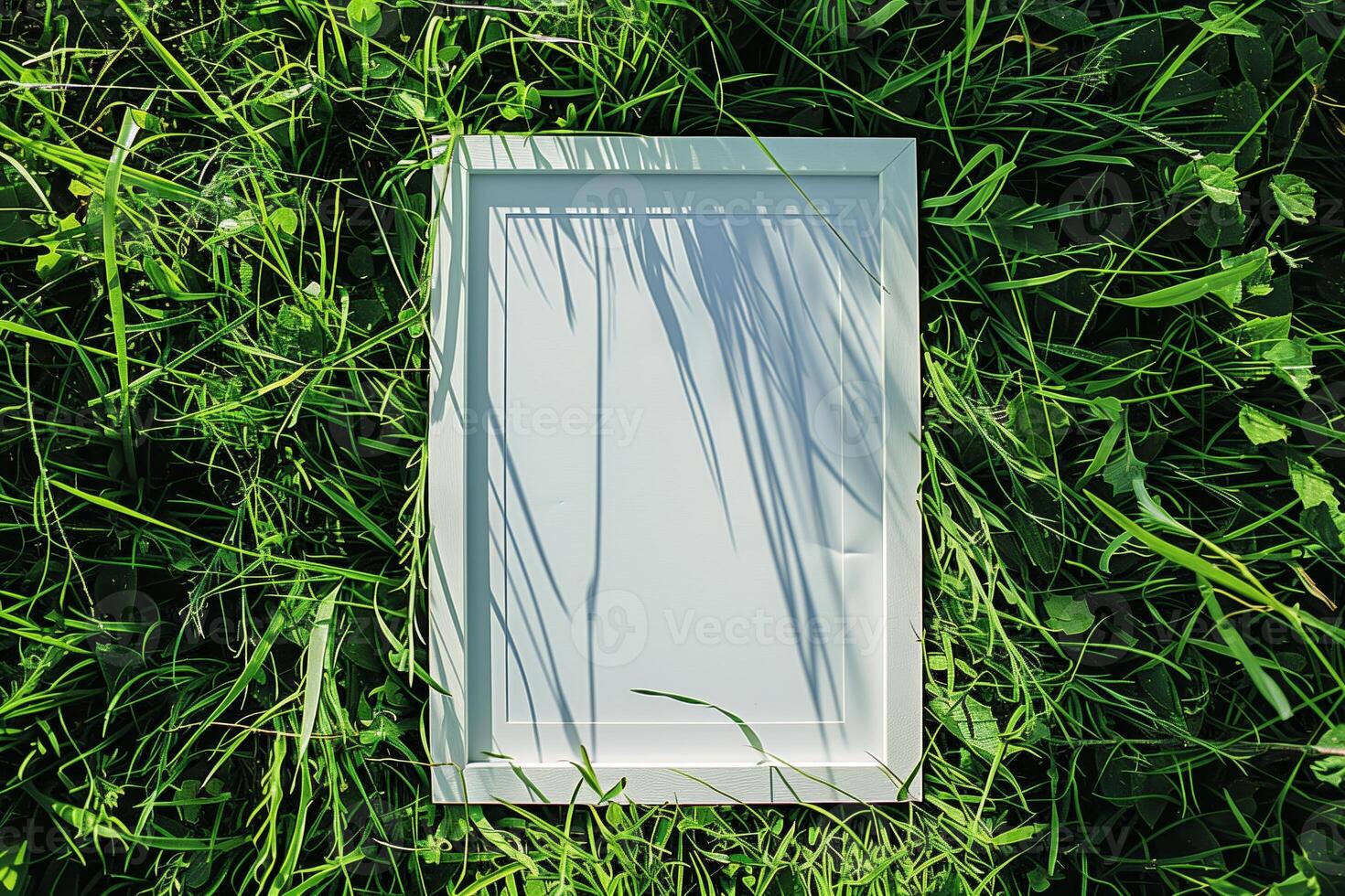 A plain white frame mockup, laying on grass in sunny day. photo